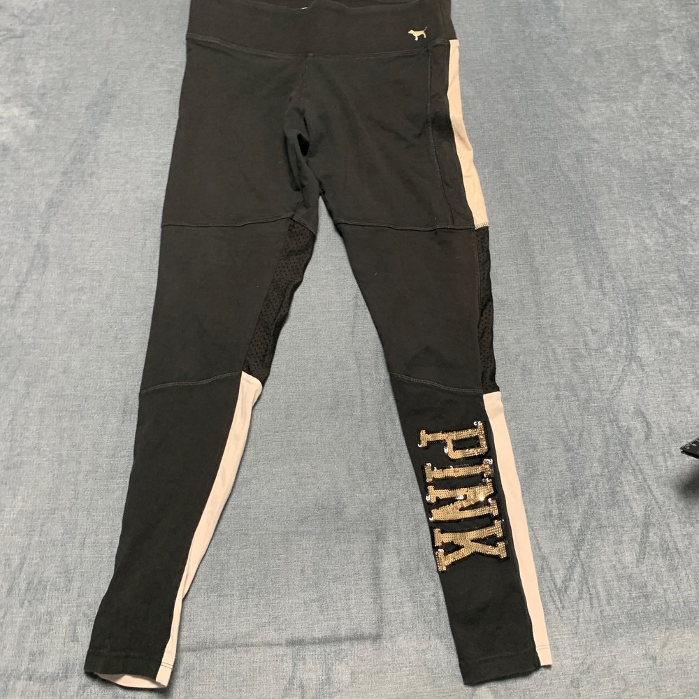 Pink Victoria's Secret Yoga‎ Pants Womens Small Black Mesh Panel Sequin Detail